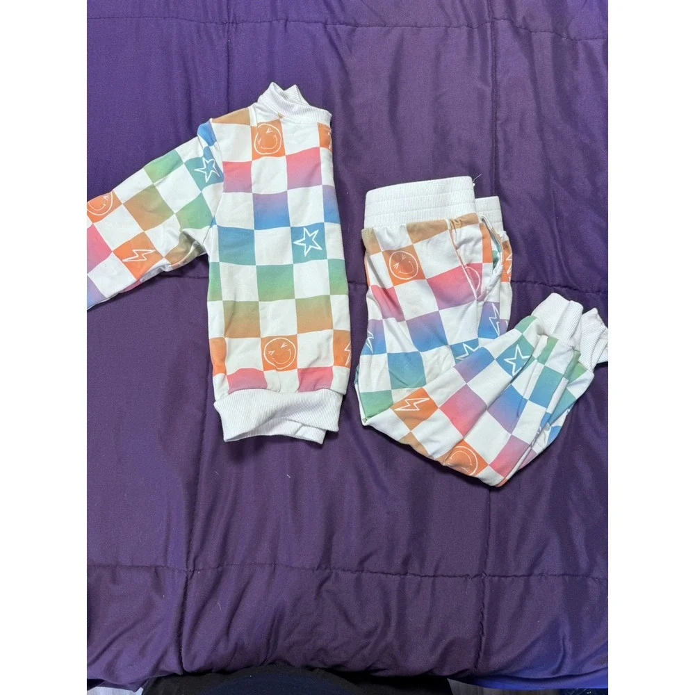 Play by Little Sleepies Rainbow Checkerboard Sweatshirt and Joggers Set 3T